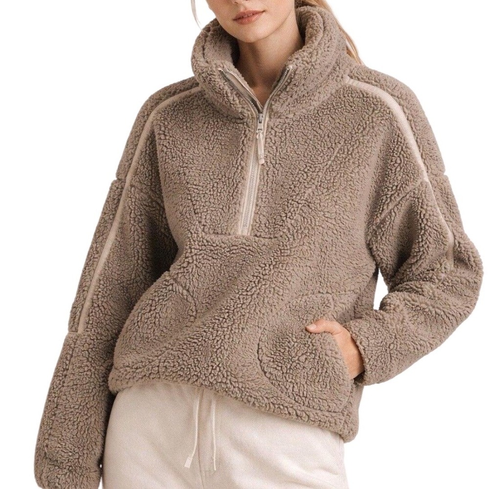 Abercrombie & Fitch Sherpa Fleece Pullover Women Small Taupe Quarter Zip